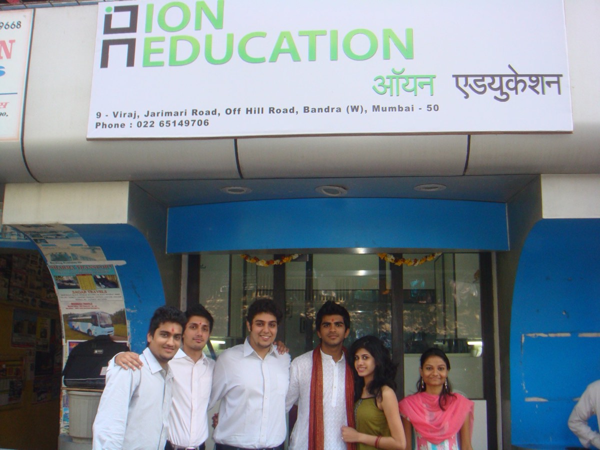 The ION Education shopfront on Jarimari Road, Bandra, with six of us outside