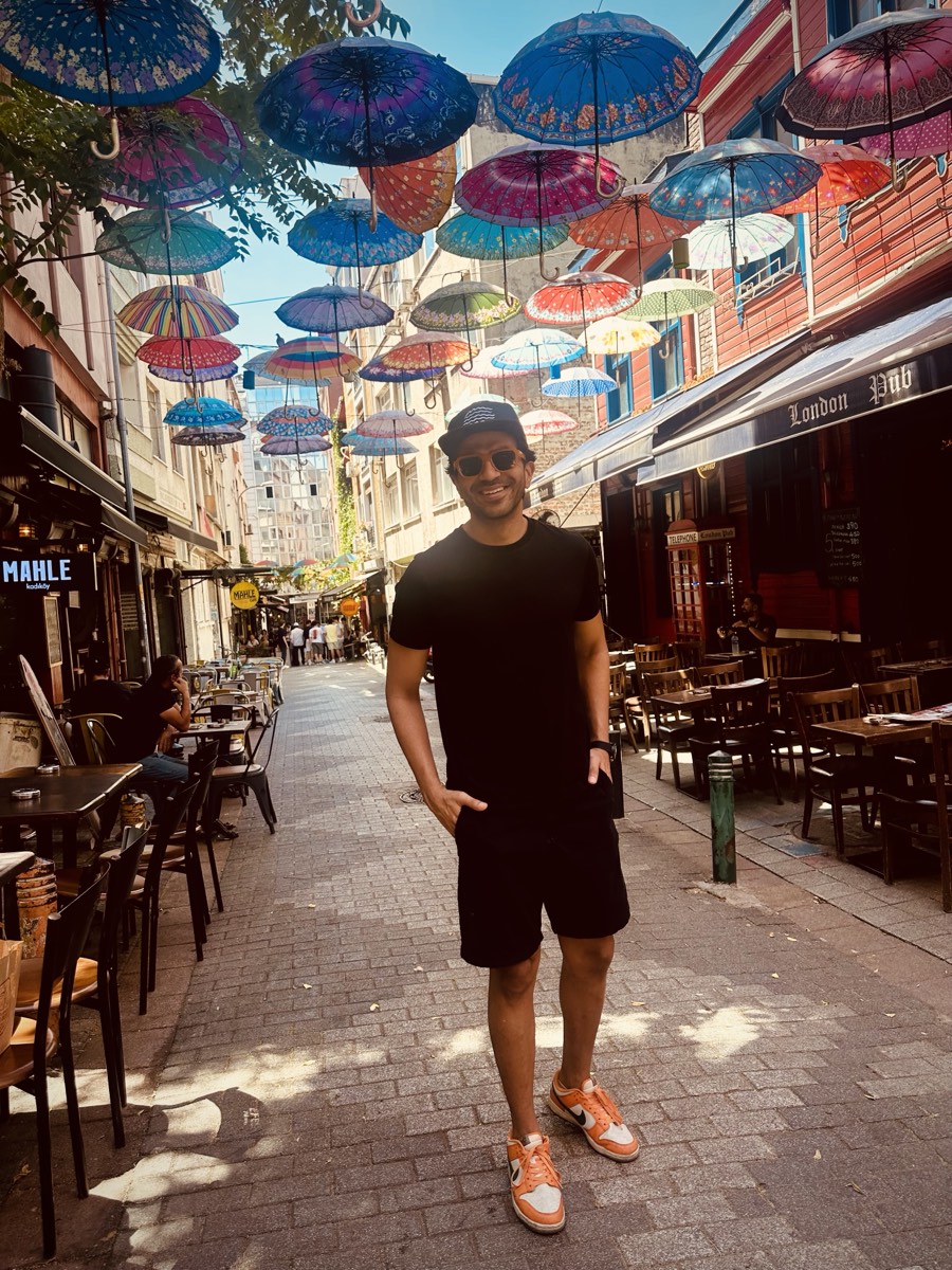 Standing under a street of hanging umbrellas in Istanbul
